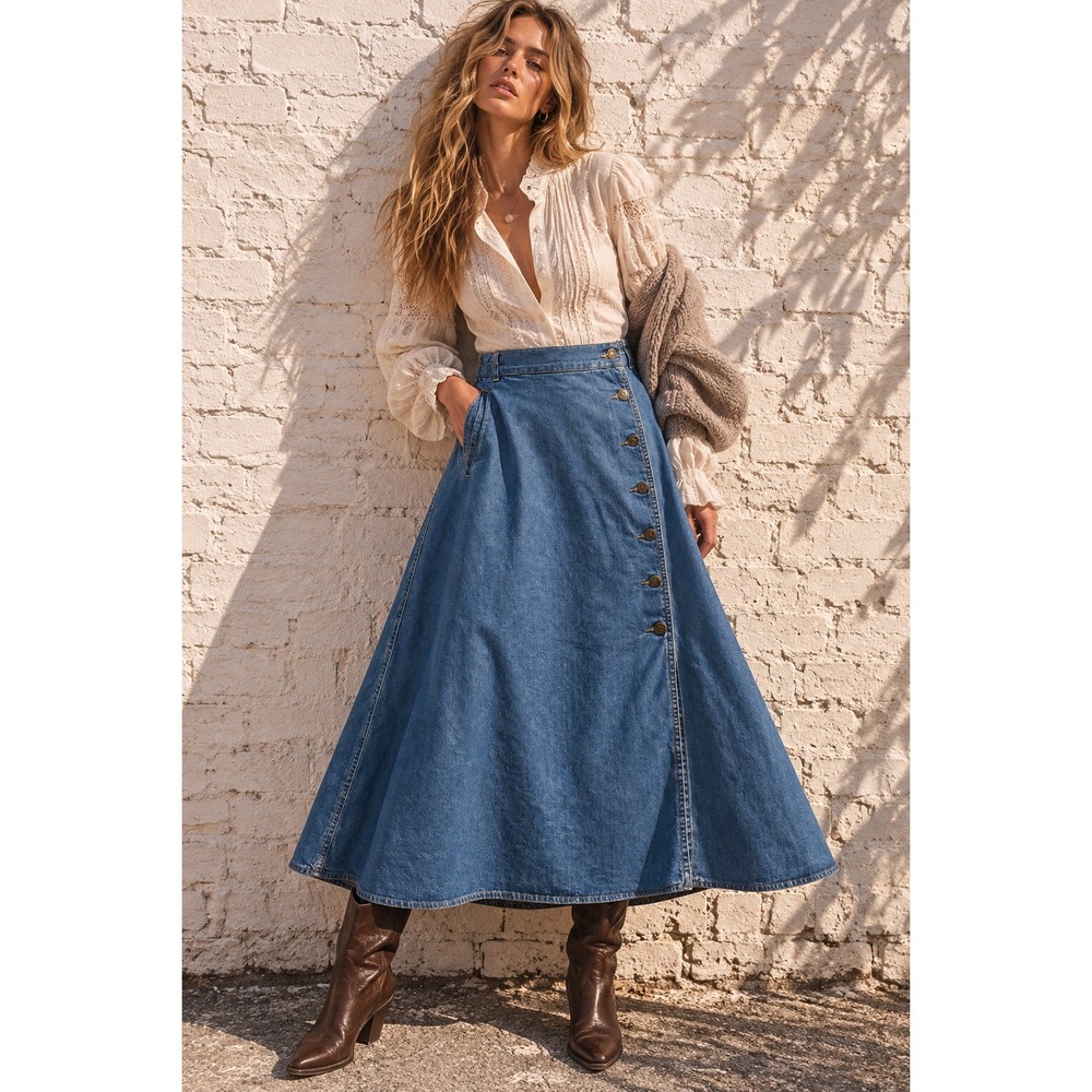 Vintage Lizwear Blue Cotton Denim A-Line Button Front Midi Skirt Size 8